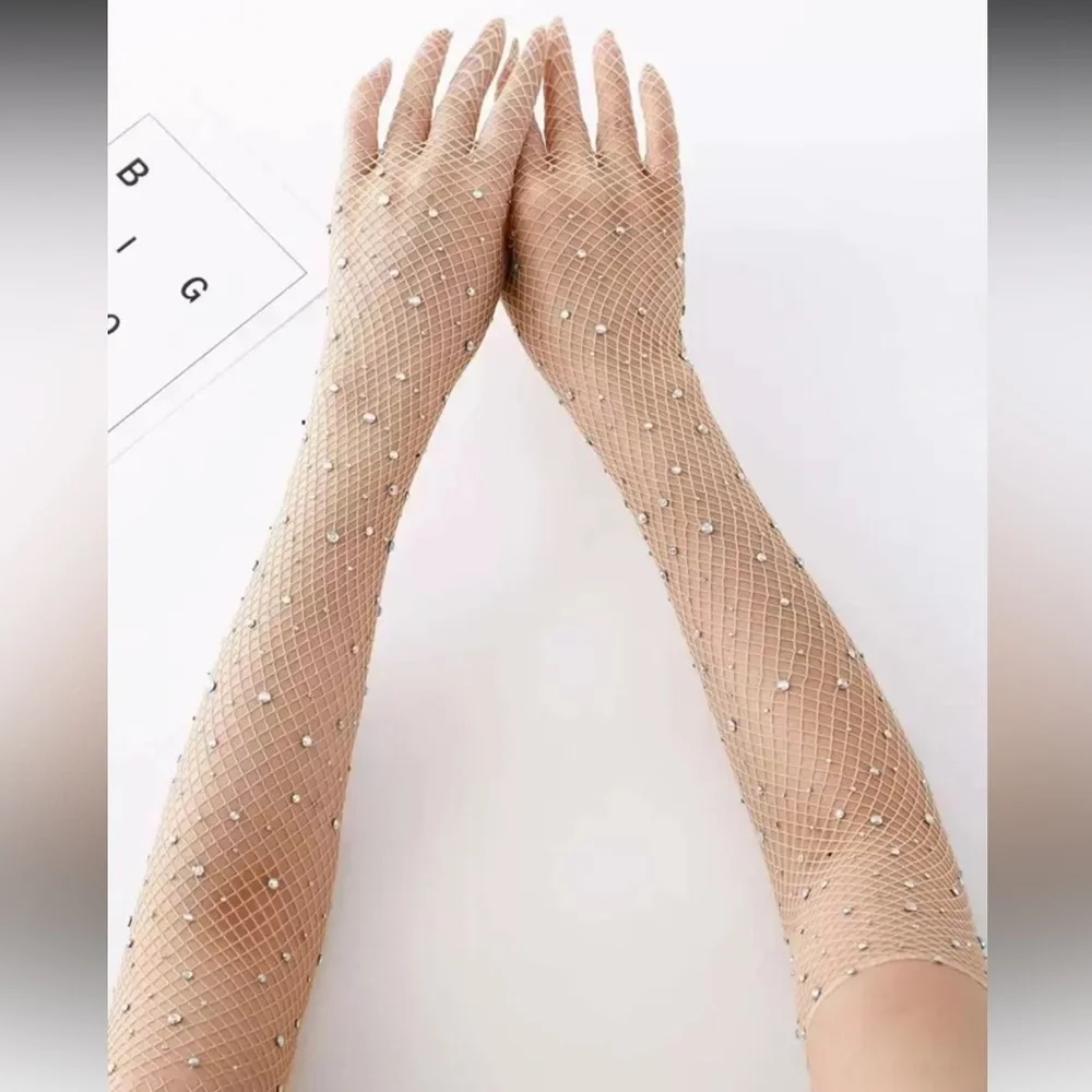 Sparkle & Shine Nude Rhinestone Fishnet Gloves NEW 🏷️